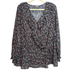 Creation L Floral Ruffle Faux Wrap Blouse Semi Sheer Chic Size XL